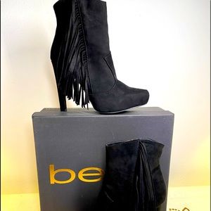bebe Black Ultra-Suede Fringe Booties